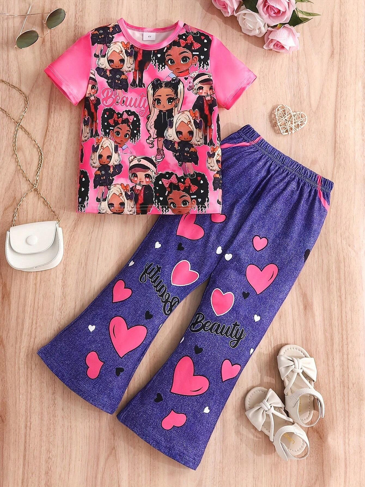 Girls' Pink Short Sleeve Denim-Like Flared Pants Outfit, Fashionable Cartoon Printed Casual Two Piece Set