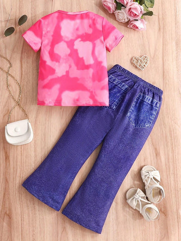 Girls' Pink Short Sleeve Denim-Like Flared Pants Outfit, Fashionable Cartoon Printed Casual Two Piece Set