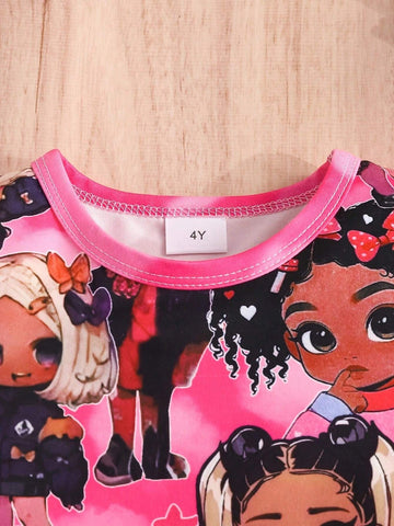 Girls' Pink Short Sleeve Denim-Like Flared Pants Outfit, Fashionable Cartoon Printed Casual Two Piece Set