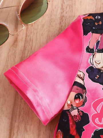 Girls' Pink Short Sleeve Denim-Like Flared Pants Outfit, Fashionable Cartoon Printed Casual Two Piece Set