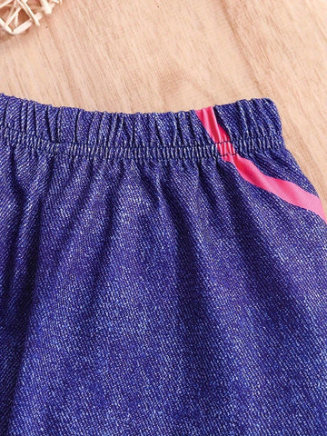 Girls' Pink Short Sleeve Denim-Like Flared Pants Outfit, Fashionable Cartoon Printed Casual Two Piece Set