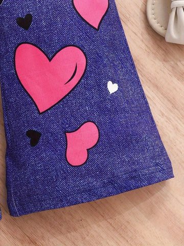 Girls' Pink Short Sleeve Denim-Like Flared Pants Outfit, Fashionable Cartoon Printed Casual Two Piece Set