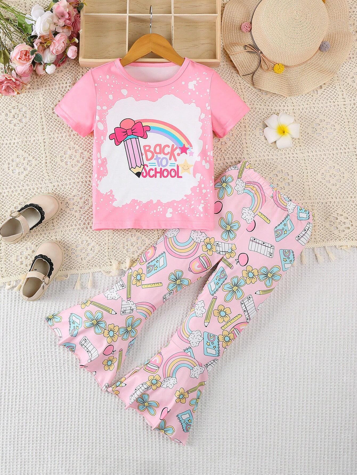 Girls Pink Short Sleeve Flared Pants Back To School Outfit