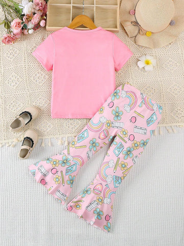 Girls Pink Short Sleeve Flared Pants Back To School Outfit