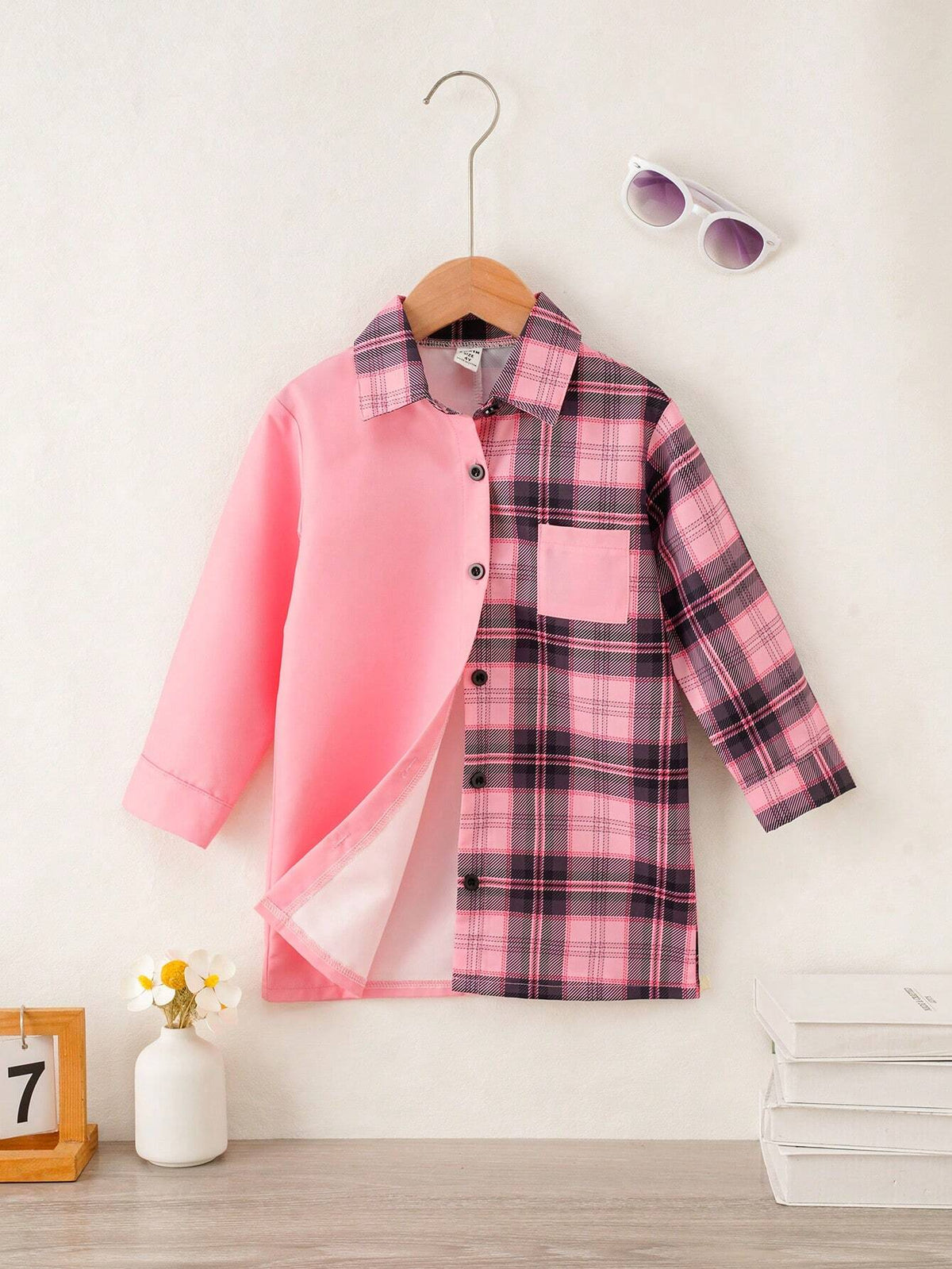 Girls Pink & White Plaid Print Long Sleeve Casual Shirts, Versatile Fall/Winter Outfit