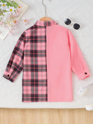 Girls Pink & White Plaid Print Long Sleeve Casual Shirts, Versatile Fall/Winter Outfit