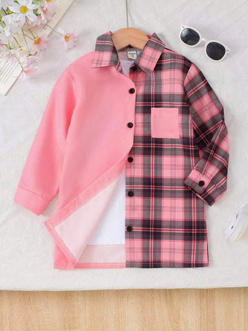 Girls Pink & White Plaid Print Long Sleeve Casual Shirts, Versatile Fall/Winter Outfit