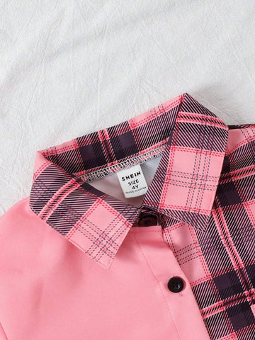 Girls Pink & White Plaid Print Long Sleeve Casual Shirts, Versatile Fall/Winter Outfit