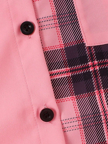 Girls Pink & White Plaid Print Long Sleeve Casual Shirts, Versatile Fall/Winter Outfit