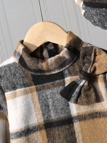 Girls Plaid Bow Accent Long Sleeve Dress