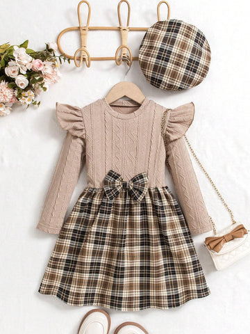 Girls Plaid Dress With Beret Hat Set, This Retro Plaid Dress With Beret Cap Has A British Style Vibe, Suitable For Autumn/Winter Season