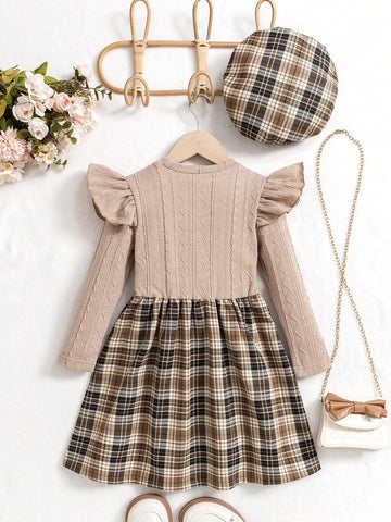 Girls Plaid Dress With Beret Hat Set, This Retro Plaid Dress With Beret Cap Has A British Style Vibe, Suitable For Autumn/Winter Season