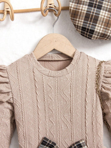 Girls Plaid Dress With Beret Hat Set, This Retro Plaid Dress With Beret Cap Has A British Style Vibe, Suitable For Autumn/Winter Season