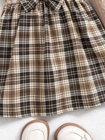 Girls Plaid Dress With Beret Hat Set, This Retro Plaid Dress With Beret Cap Has A British Style Vibe, Suitable For Autumn/Winter Season