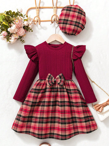 Girls Plaid Dress With Matching Beret Hat, This Vintage Plaid Dress With Beret Hat Has A British Style, Suitable For Autumn And Winter Season
