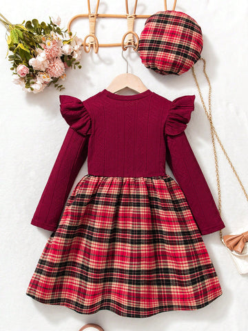 Girls Plaid Dress With Matching Beret Hat, This Vintage Plaid Dress With Beret Hat Has A British Style, Suitable For Autumn And Winter Season