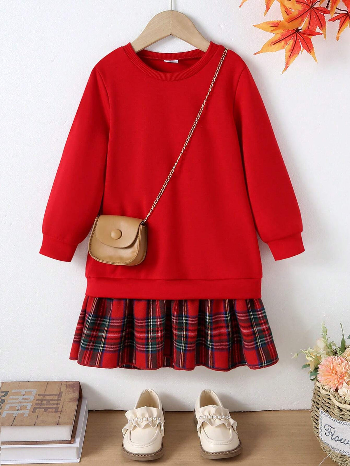 Girls Plaid Lace Ribbed Round Neck Solid Color Long Sleeve Casual Dress, Autumn/Winter