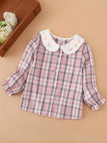 Girls' Plaid Long Sleeve Collared Shirt, Autumn