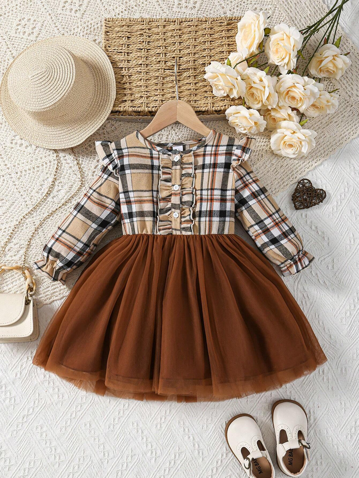 Girls Plaid Long Sleeve Ruffled Neck Cute Mesh Dress