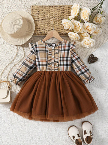 Girls Plaid Long Sleeve Ruffled Neck Cute Mesh Dress