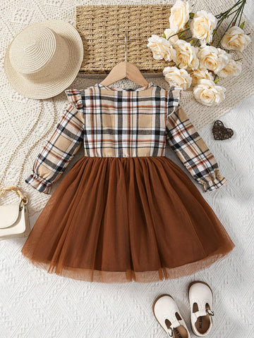 Girls Plaid Long Sleeve Ruffled Neck Cute Mesh Dress