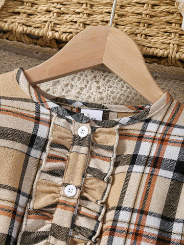 Girls Plaid Long Sleeve Ruffled Neck Cute Mesh Dress