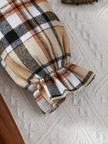 Girls Plaid Long Sleeve Ruffled Neck Cute Mesh Dress