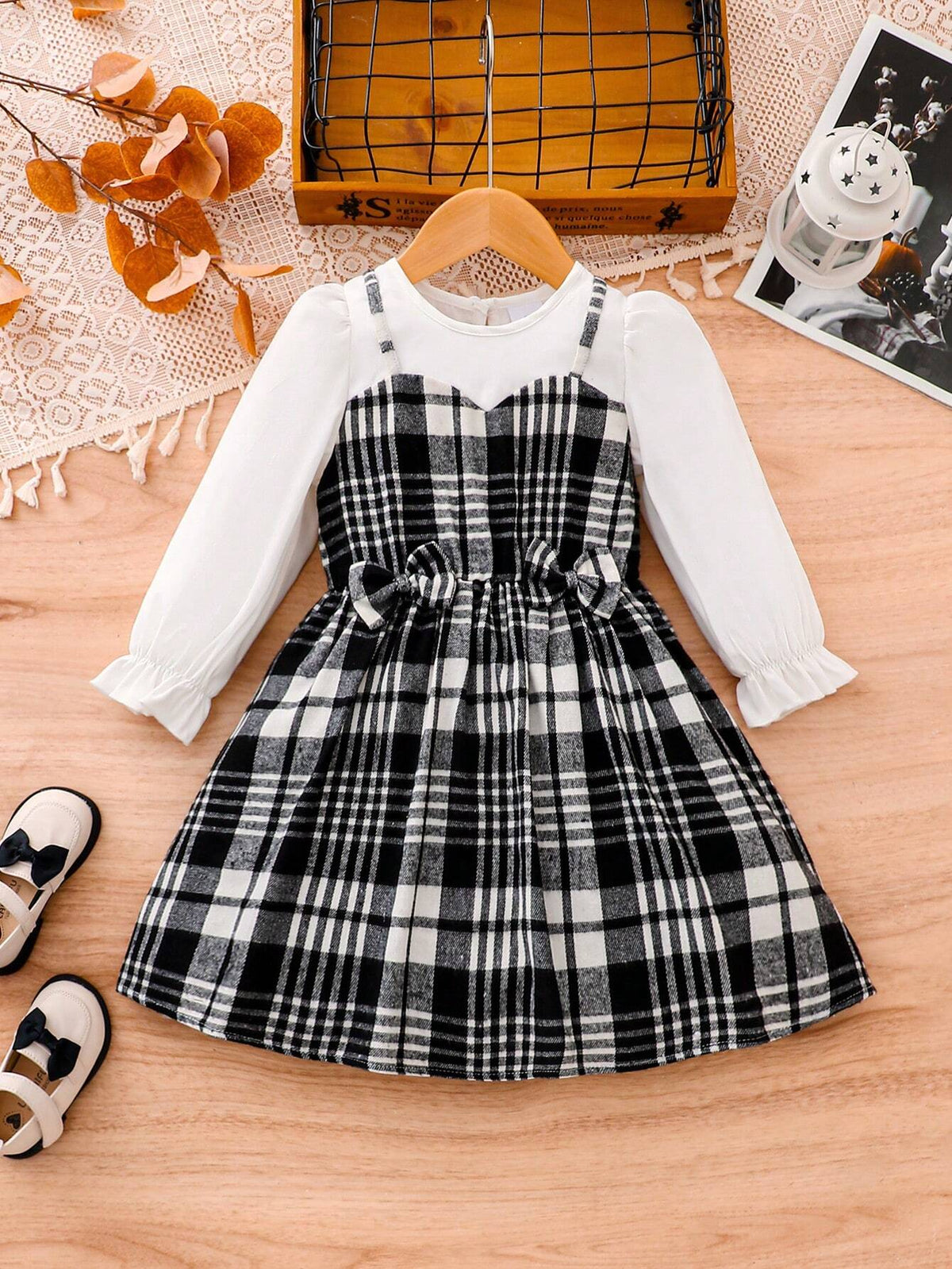 Girls Plaid Patchwork Bow Decor Dress, Autumn Winter New