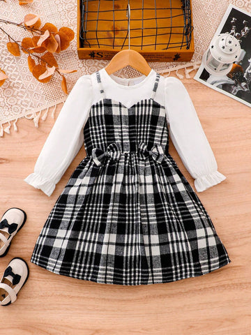 Girls Plaid Patchwork Bow Decor Dress, Autumn Winter New