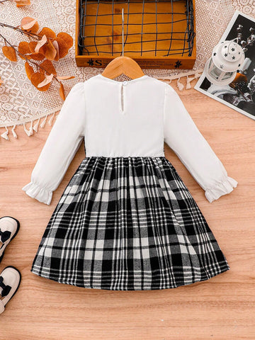 Girls Plaid Patchwork Bow Decor Dress, Autumn Winter New