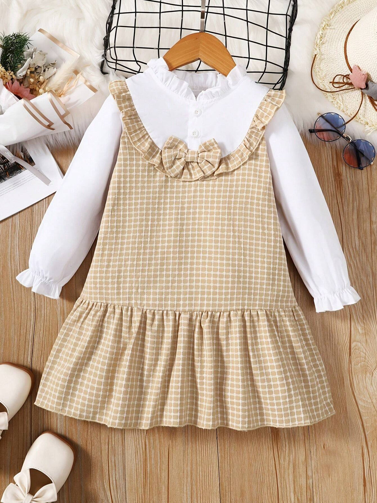 Girls' Plaid Patchwork Lady Style Long Sleeve Dress, Princess Sleeves, Spring And Autumn