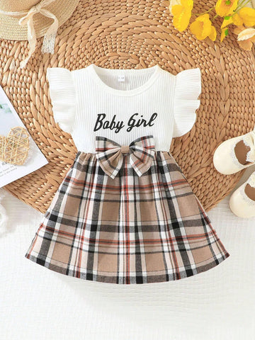 Girls' Plaid Pinafore Dress With Cap Sleeve, English Letter Print, And Bowknot Decoration