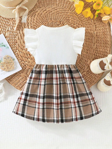 Girls' Plaid Pinafore Dress With Cap Sleeve, English Letter Print, And Bowknot Decoration