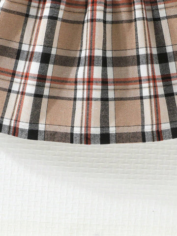 Girls' Plaid Pinafore Dress With Cap Sleeve, English Letter Print, And Bowknot Decoration