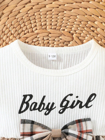Girls' Plaid Pinafore Dress With Cap Sleeve, English Letter Print, And Bowknot Decoration