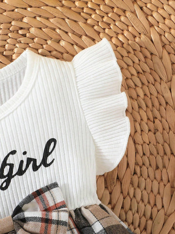 Girls' Plaid Pinafore Dress With Cap Sleeve, English Letter Print, And Bowknot Decoration