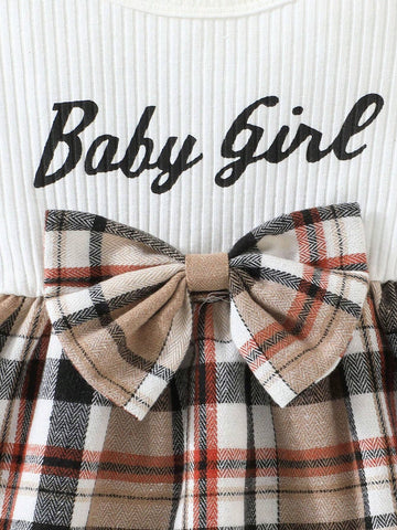 Girls' Plaid Pinafore Dress With Cap Sleeve, English Letter Print, And Bowknot Decoration