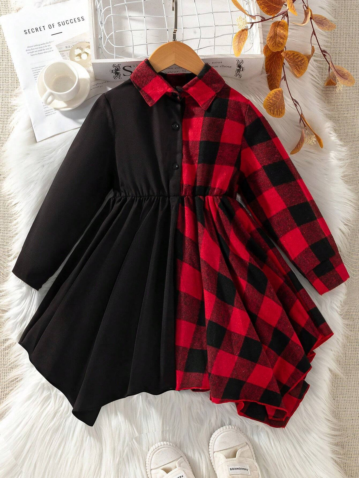 Girls Plaid Shirt Collar Long Sleeve Dress With Asymmetric Hem, Suitable For Birthday, New Year, Christmas, Party, Vacation, Daily Wear, Summer, Autumn, Spring