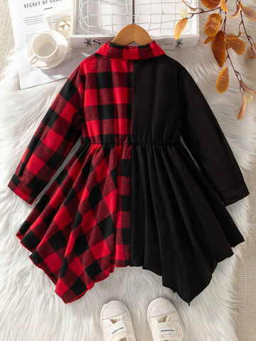 Girls Plaid Shirt Collar Long Sleeve Dress With Asymmetric Hem, Suitable For Birthday, New Year, Christmas, Party, Vacation, Daily Wear, Summer, Autumn, Spring