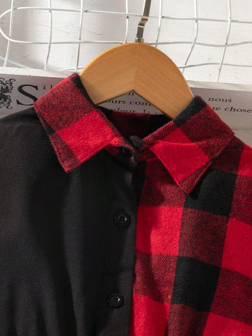 Girls Plaid Shirt Collar Long Sleeve Dress With Asymmetric Hem, Suitable For Birthday, New Year, Christmas, Party, Vacation, Daily Wear, Summer, Autumn, Spring