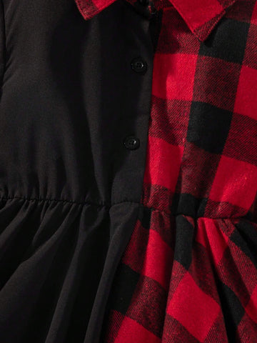 Girls Plaid Shirt Collar Long Sleeve Dress With Asymmetric Hem, Suitable For Birthday, New Year, Christmas, Party, Vacation, Daily Wear, Summer, Autumn, Spring
