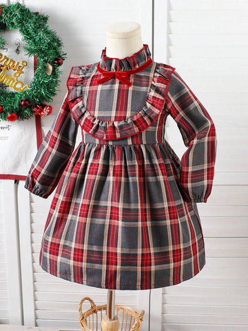 Girls Plaid Velvet Bow Decor Cute Dress, Autumn/Winter'