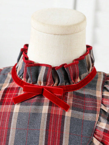 Girls Plaid Velvet Bow Decor Cute Dress, Autumn/Winter'
