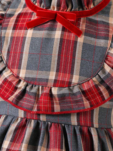 Girls Plaid Velvet Bow Decor Cute Dress, Autumn/Winter'
