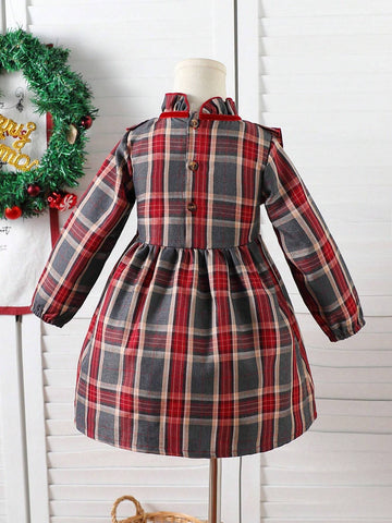 Girls Plaid Velvet Bow Decor Cute Dress, Autumn/Winter'