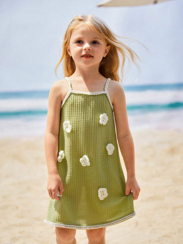 Girls' Plaid Waffle Sweetheart Neckline Sleeveless Dress With 3D Flower Embellishments