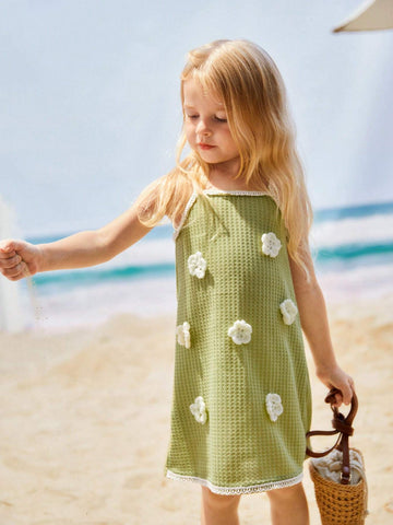 Girls' Plaid Waffle Sweetheart Neckline Sleeveless Dress With 3D Flower Embellishments