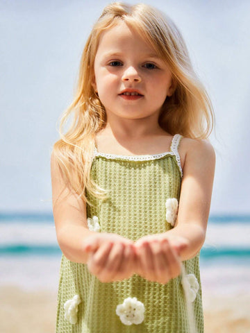 Girls' Plaid Waffle Sweetheart Neckline Sleeveless Dress With 3D Flower Embellishments