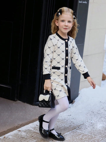 Girls Plaid & Ditsy Floral Long Sleeve Patchwork Dress, Pearl Button Decor, Retro Elegant Spring/Autumn Young Girl Sibling Matching Outfit
