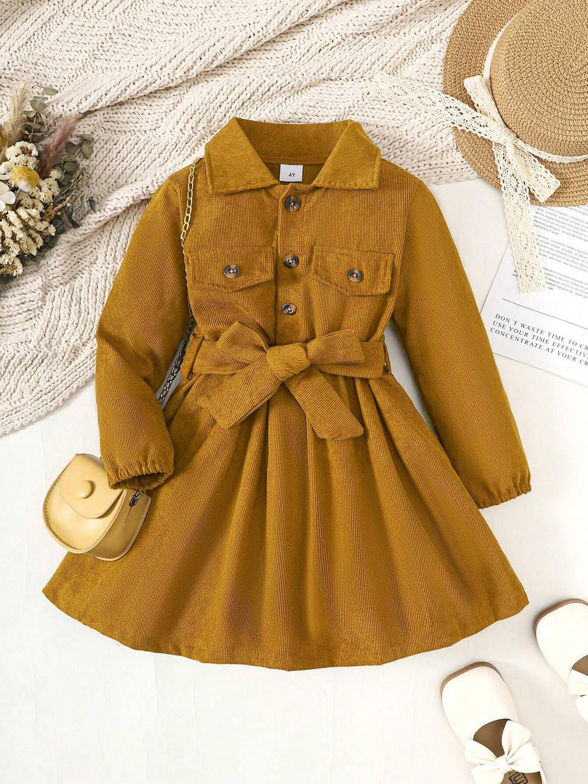 Girls Plain Single-Breasted Collar Shirt Dress, Fashion Girls Formal Dress Suitable For Spring, Summer, Autumn And Winter